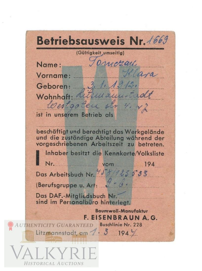 Lot 242: Workshop Ausweis Issued to a Polish Woman from Litzmannstadt 1944
