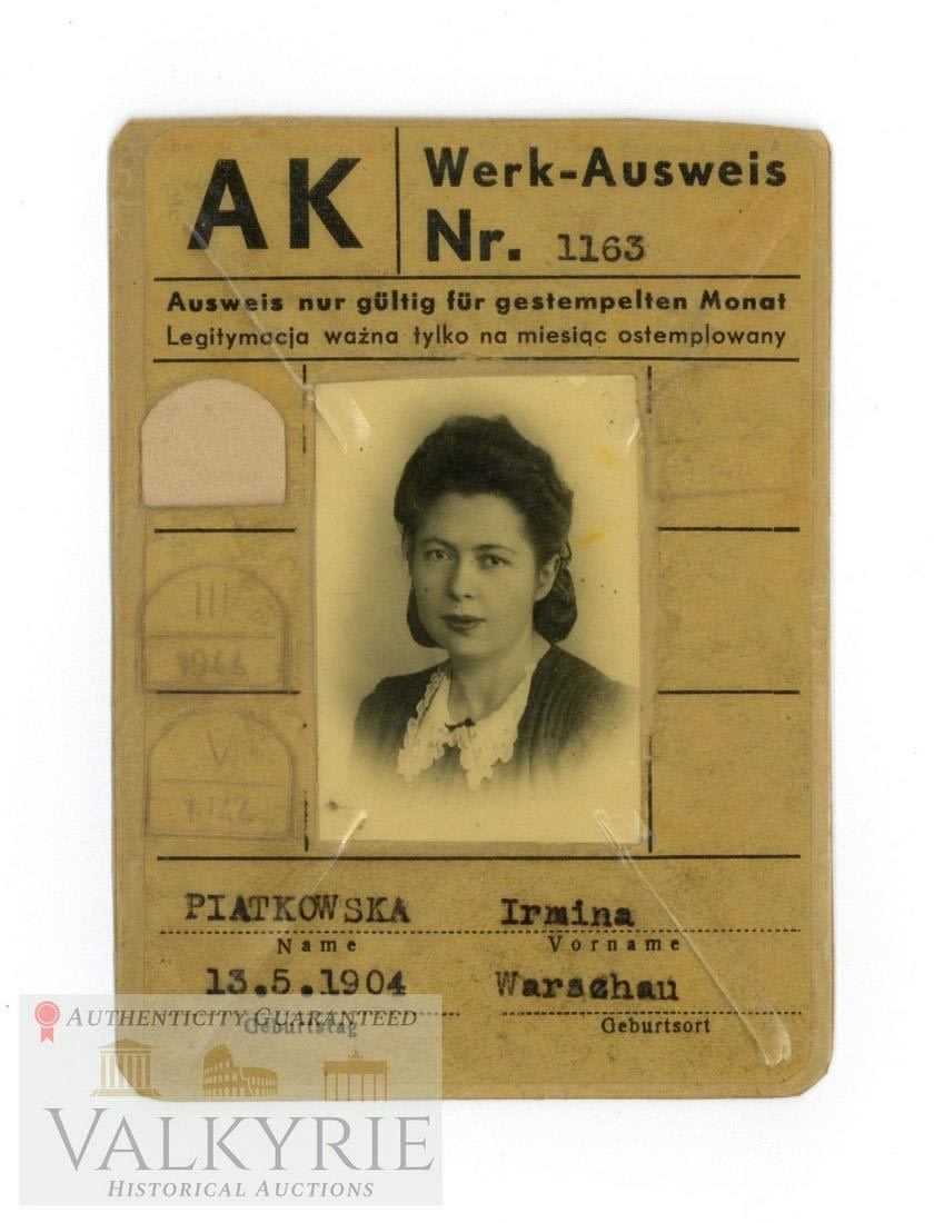 Lot 243: Laminated Factory Access Ausweis to a Polish Woman from Warsaw 1944