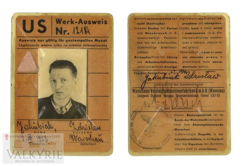 Lot 244: Laminated Factory Access Ausweis to a Polish Man from Warsaw 1944