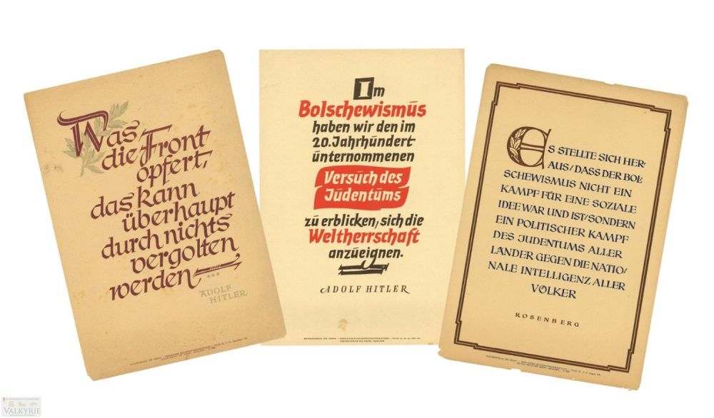 Lot 246: 3 Propaganda Sheets with Rosenberg and Hitler Anti-Semitic Quotes