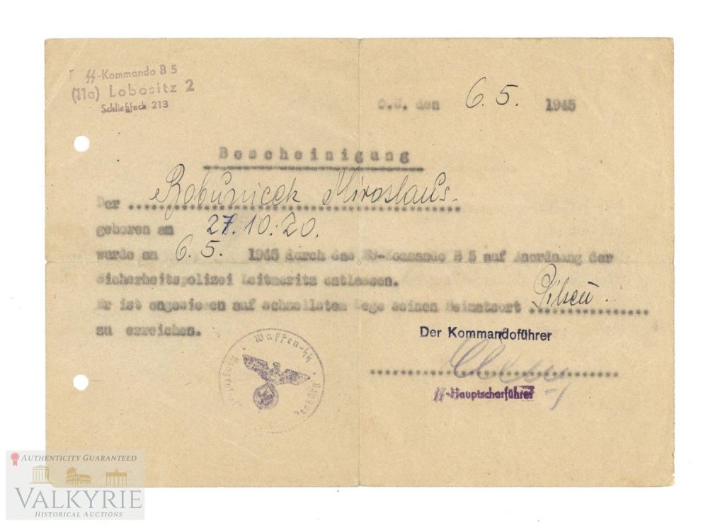 Lot 248: Very Rare May 1945 Issued Prison Release Certiticate to a Czech Man in Czech Republic