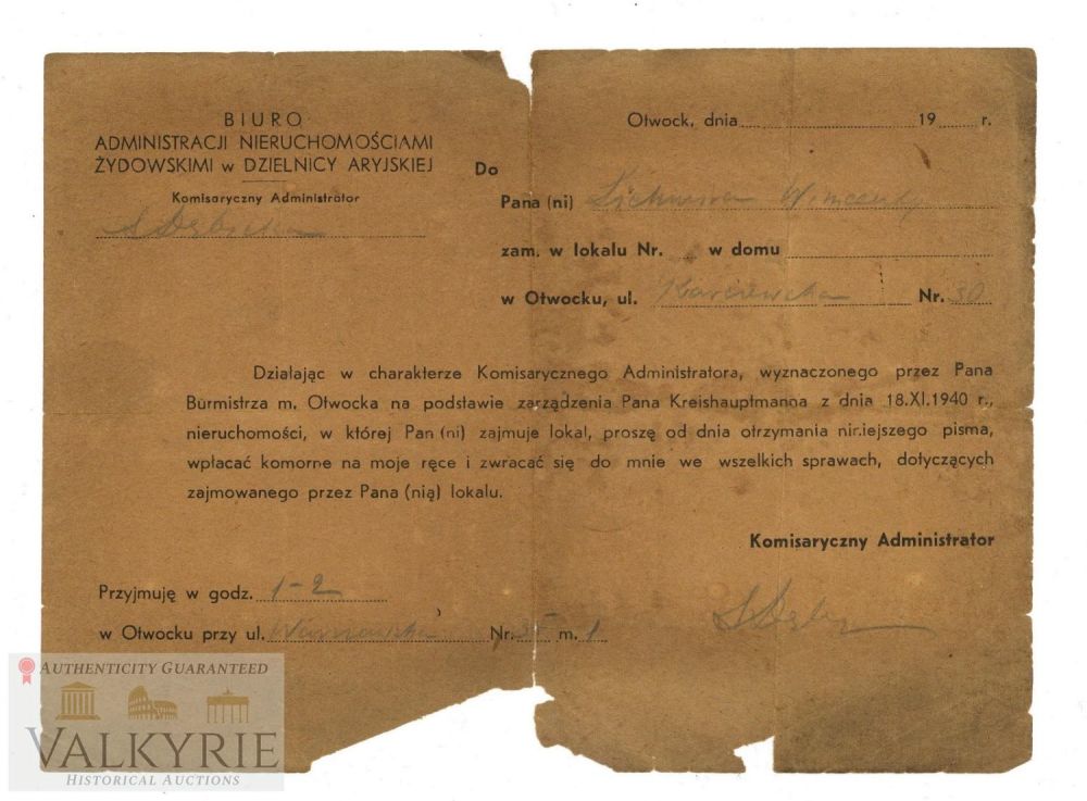 Lot 249: Certificate Rent Jewish Real Estate Admin OTWOCK