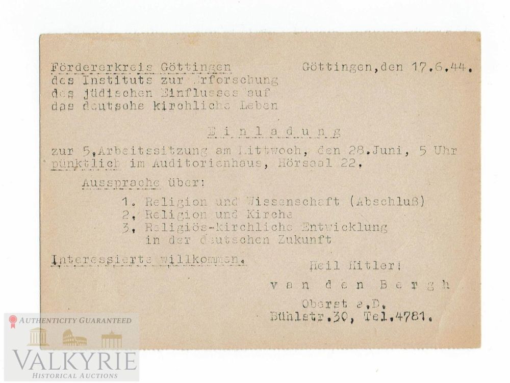 Lot 252: Rare Invitation Card to a Conference in Gottingen About German Church and Business 1944
