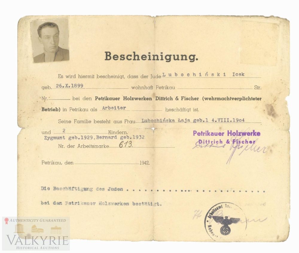 Lot 253: Ghetto Piotrkow Jewish Work Certificate Issued to a Jew, Icek Lubochinski 1942