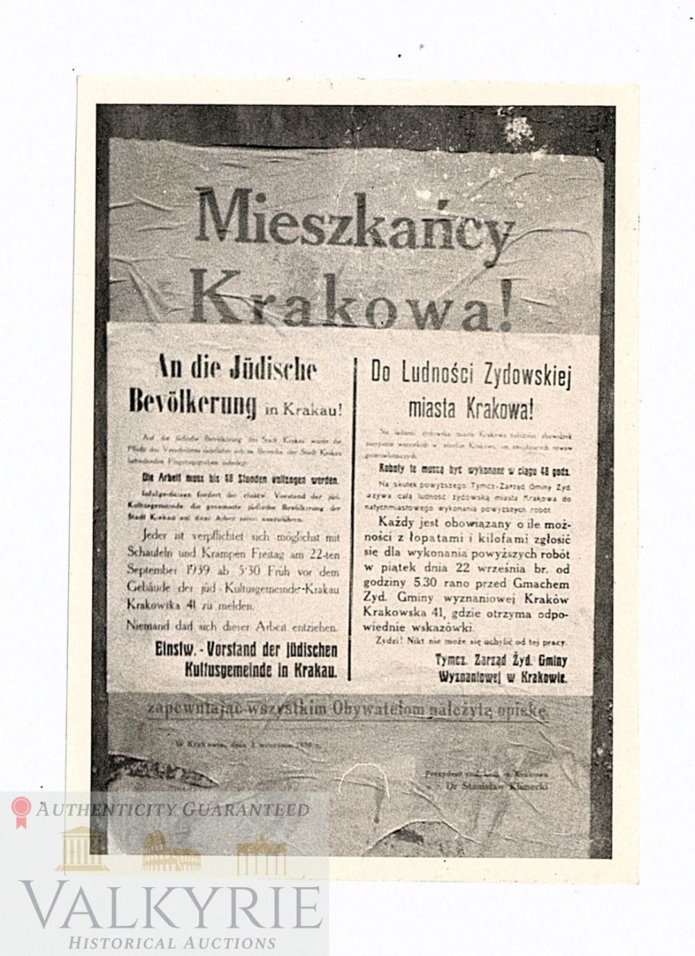 Lot 261: Photo Taken in Krakow of a Notification Poster Aimed to the Jews in That City