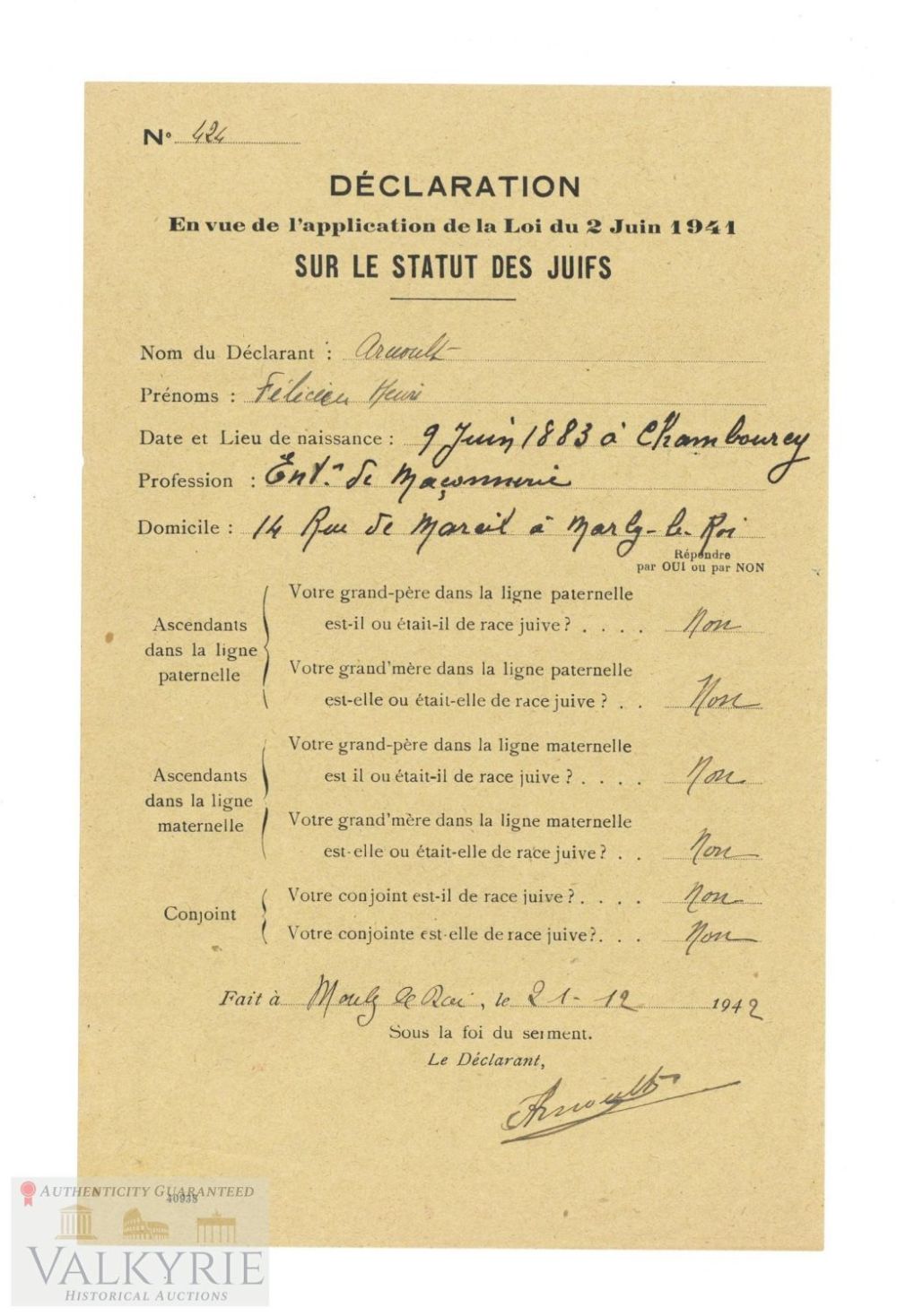Lot 270: Very Rare French Filled-in Declaration Form about Jewish Origins 1942