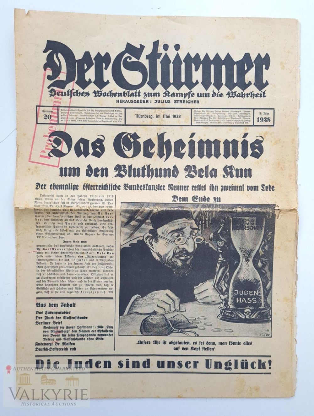 Lot 294: Example of the infamous and violent anti-Semitic tabloid "Der Sturmer"