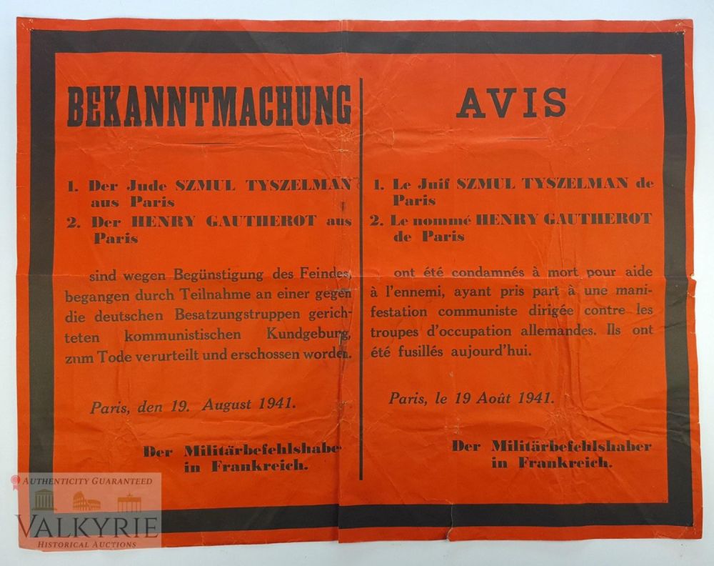 Lot 297: Ultra Rare Notification Poster from Occupied France About Execution of a Jew and Another Man 1941