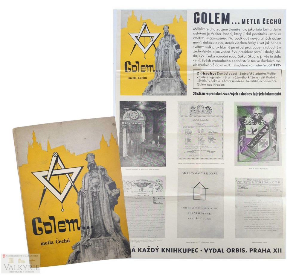 Lot 299: Anti-Freemasonry Book and Ad Poster in Czech "Golem - Metla ÄŒechÅ¯" by Walter Jacobi 1942