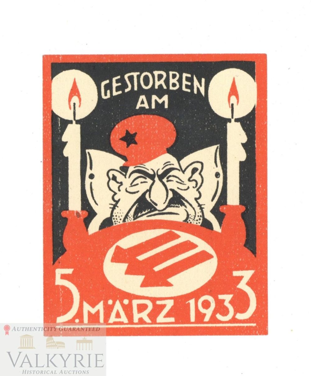 Lot 308: Small Propaganda Paper Label With anti-Stalin Message "Dead the 5. March 1933"