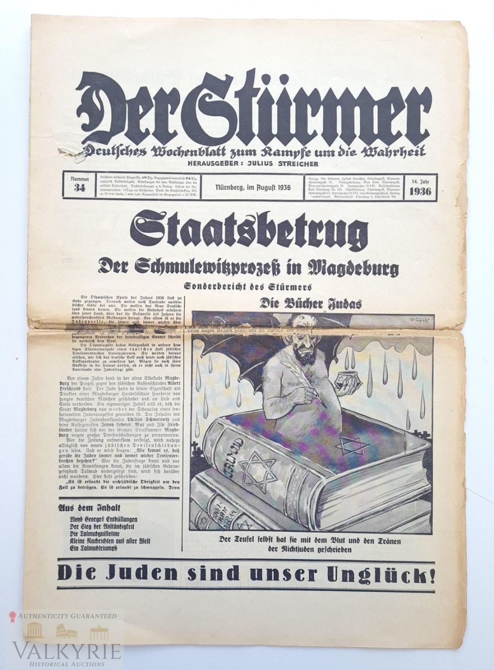 Lot 318: Example of the infamous and violent anti-Semitic tabloid "Der Sturmer"
