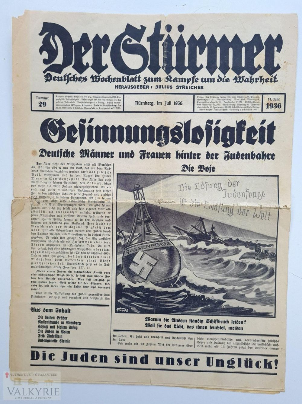 Lot 328: Example of the infamous and violent anti-Semitic tabloid "Der Sturmer"