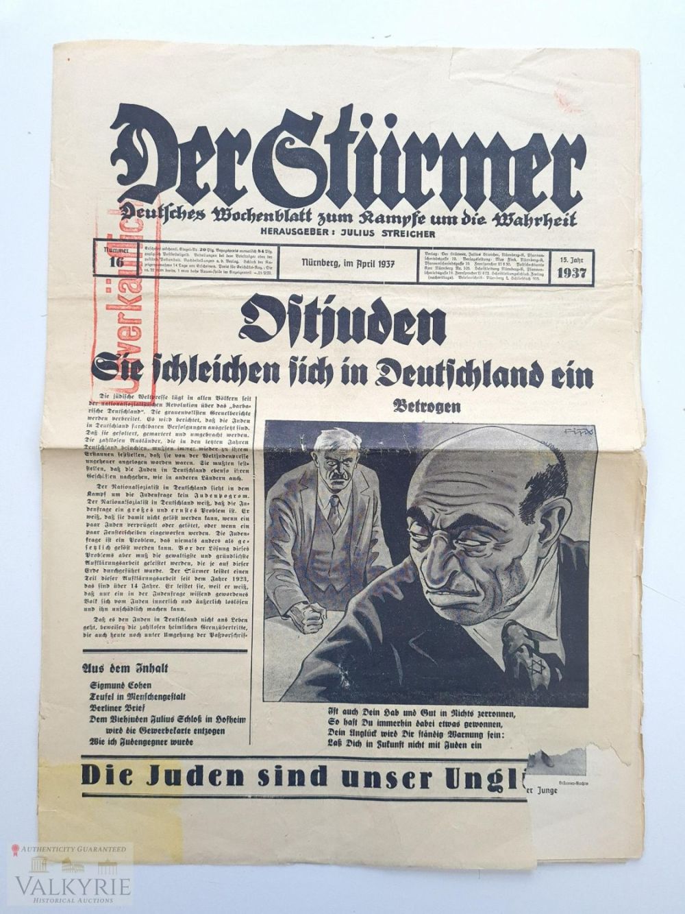 Lot 329: Example of the infamous and violent anti-Semitic tabloid "Der Sturmer"