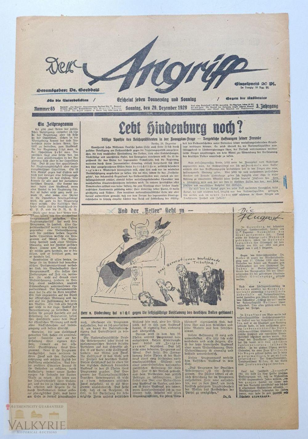 Lot 330: Number 65 of 1927 of the Nazi Newspaper of Dr. Goebbels "Der Angriff" - "The Attack"