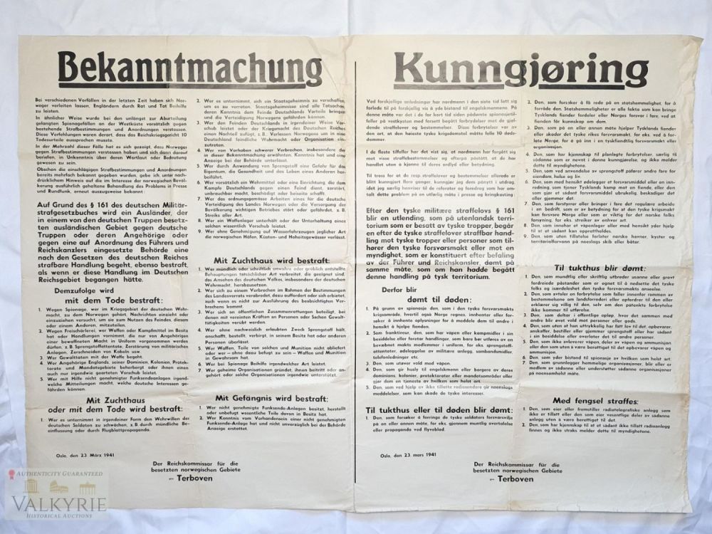 Lot 354: Rare Huge Notification Poster for Local Population of Terboven During Nazi Occupation 1941