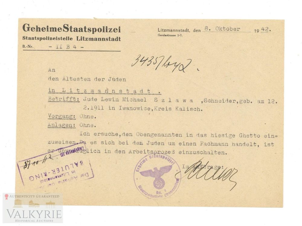 Lot 355: Letter Sent by Gestapo Office in Litzmannstadt to Ghetto Dealing With a Valid Jew 1942