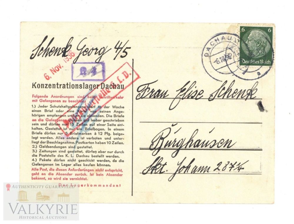 Lot 356: KL Dachau - Super scarce postcard type inmate sent from KL Dachau in 1936 ! Very Well Know Person !