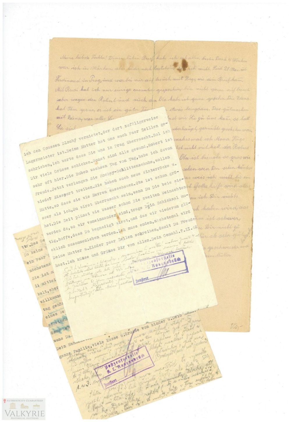 Lot 357: 3 Letters Sent by Inmate in KL Ravensbrueck to Relatives Using Same Letters Received