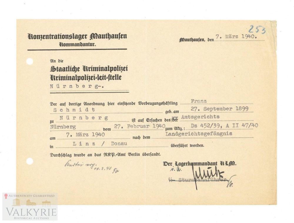 Lot 358: KL Mauthausen tNotification from  KZ camp to Kripo About Prisoner