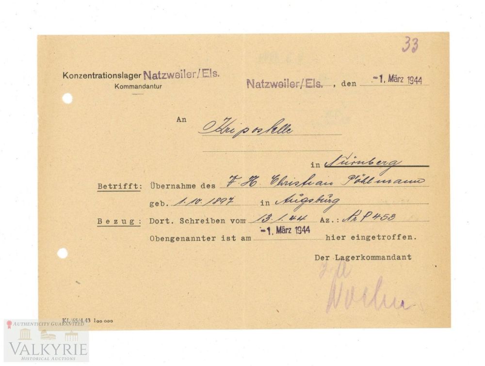 Lot 359: Rare Notification Letter Sent by Kommandantur in KL Natzweiler to KriPo Office in Nuremberg 1944