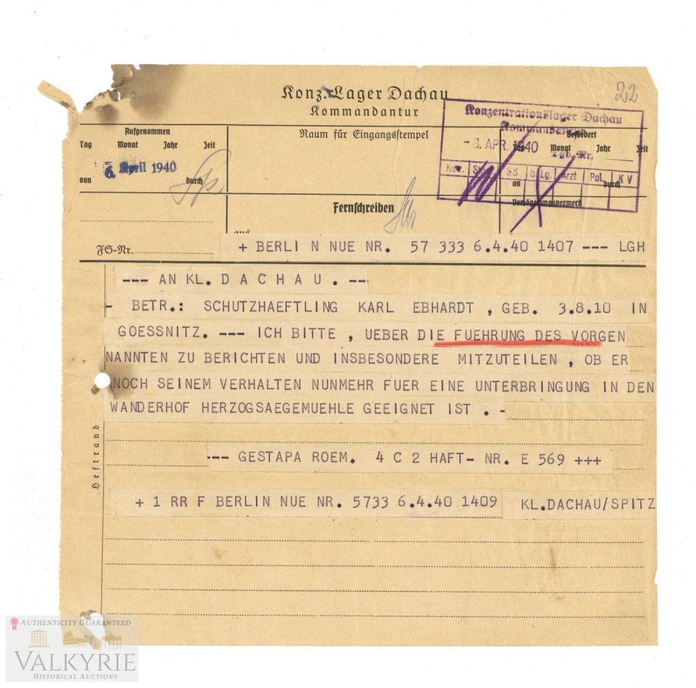 Lot 361: Rare Telegram Sent to KL Dachau Kommandantur in 1940 Regarding a Prisoner