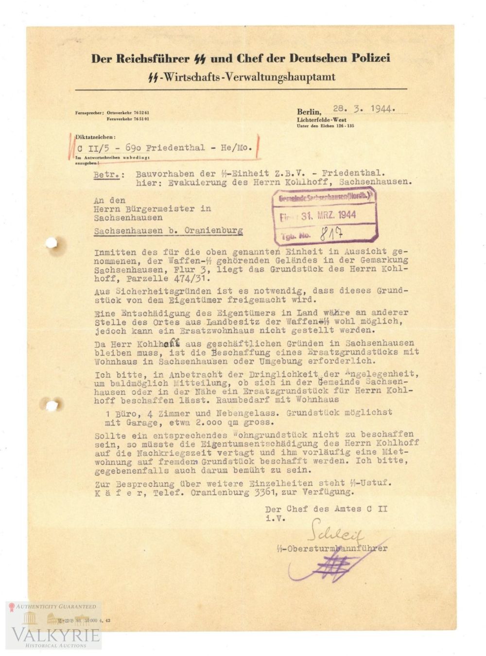 Lot 362: Interesting Document of the SS Economic Office About Terrain in the City of Sachenhausen 1944