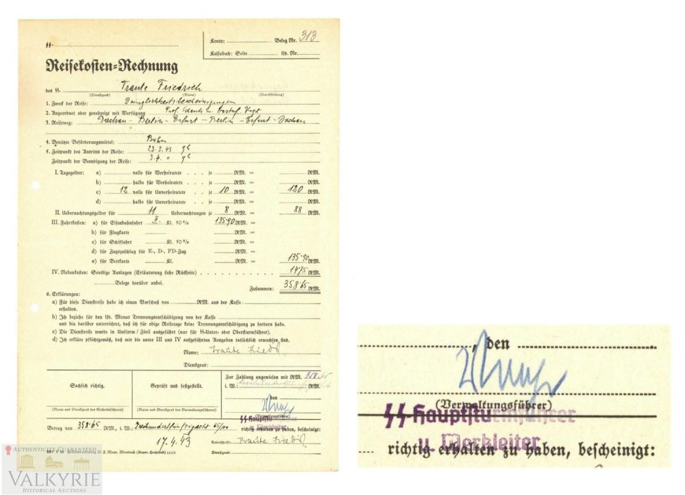 Lot 365: KL Dachau - Official SS Travel Costs Receipt Document Issued to SS Member - Filed in - 1943