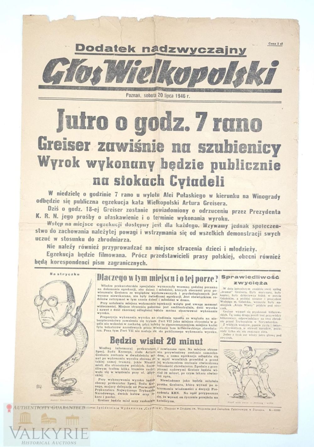 Lot 366: Immediate Post-War Polish Leaflet With News about Arthur Greisler's Execution 1945