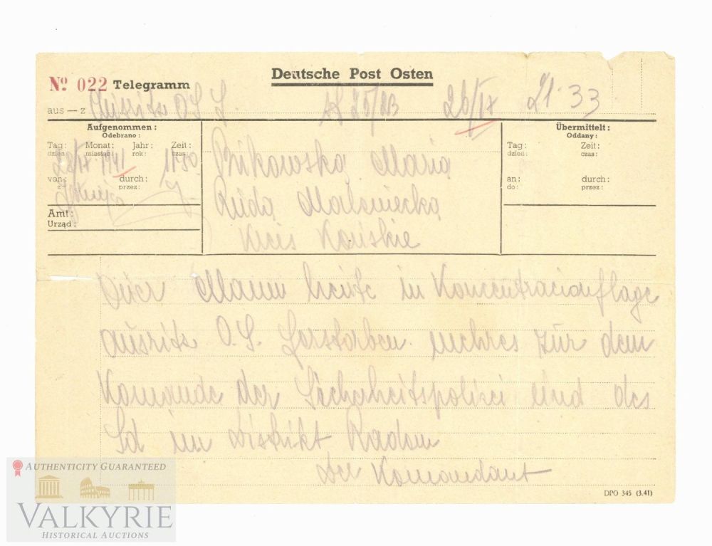 Lot 371: KL Auschwitz Telegram With Death Notice of Prisoner
