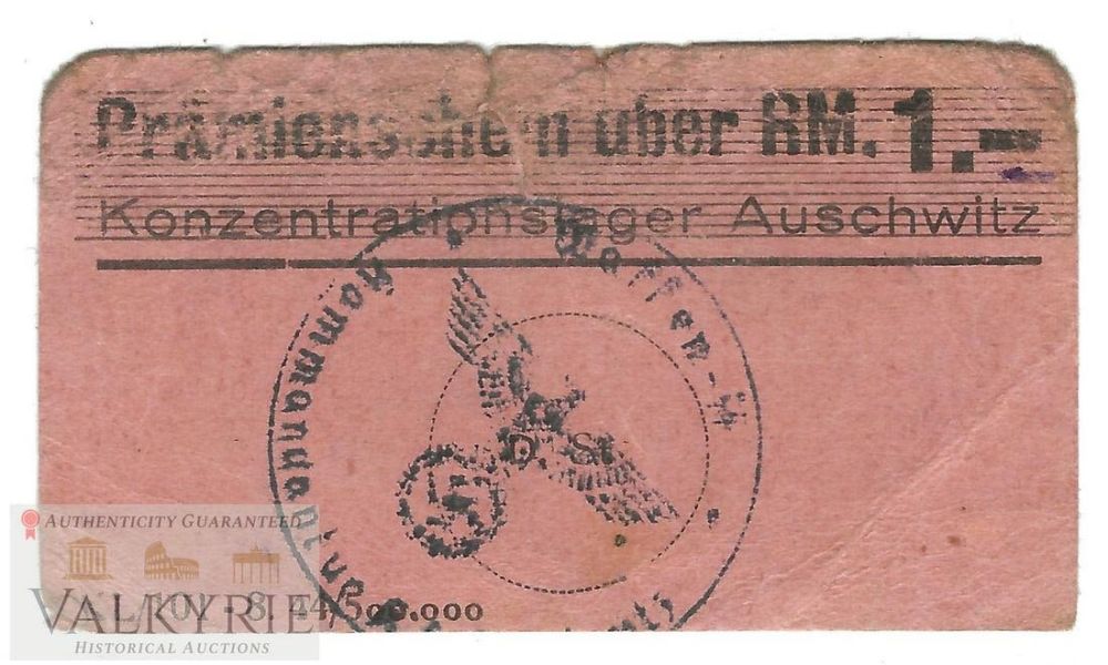 Lot 374: Ultra Scarce KL Auschwitz-Birkenau Bank notes ( Pramienschein 1 RM )