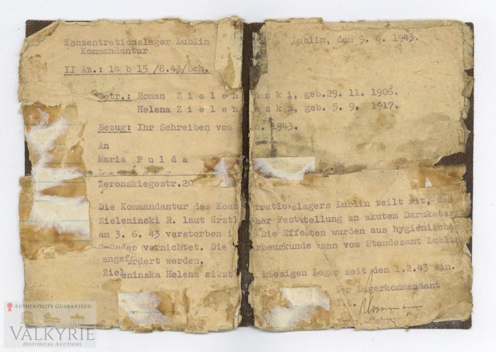 Lot 376: Rare KL Lublin-Majdanek Prisoner Death Notification