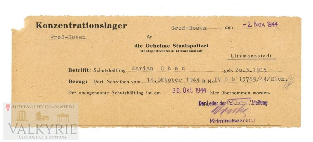 Lot 377: Notification from KL Gross-Rosen Prisoner Arrival 1944