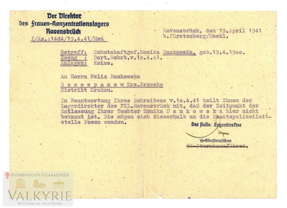 Lot 378: Official Answer by KL Ravensbrueck about Prisoner 1941