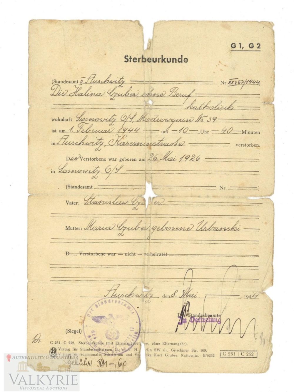 Lot 379: KL Auschwitz - Death Certificate of a Deceased Women Prisoner ok KL Auschwitz 1944