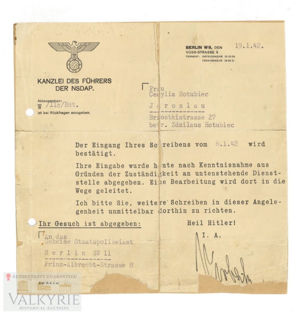 Lot 383: Rare Adolf Hitler's Reichskanzlei Stationery Answer Letter to Polish Woman 1942