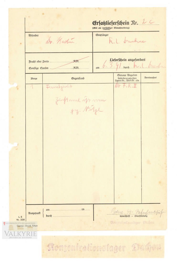 Lot 386: Replacement Delivery Certificate of Some Medical Goods Sent to KL Dachau
