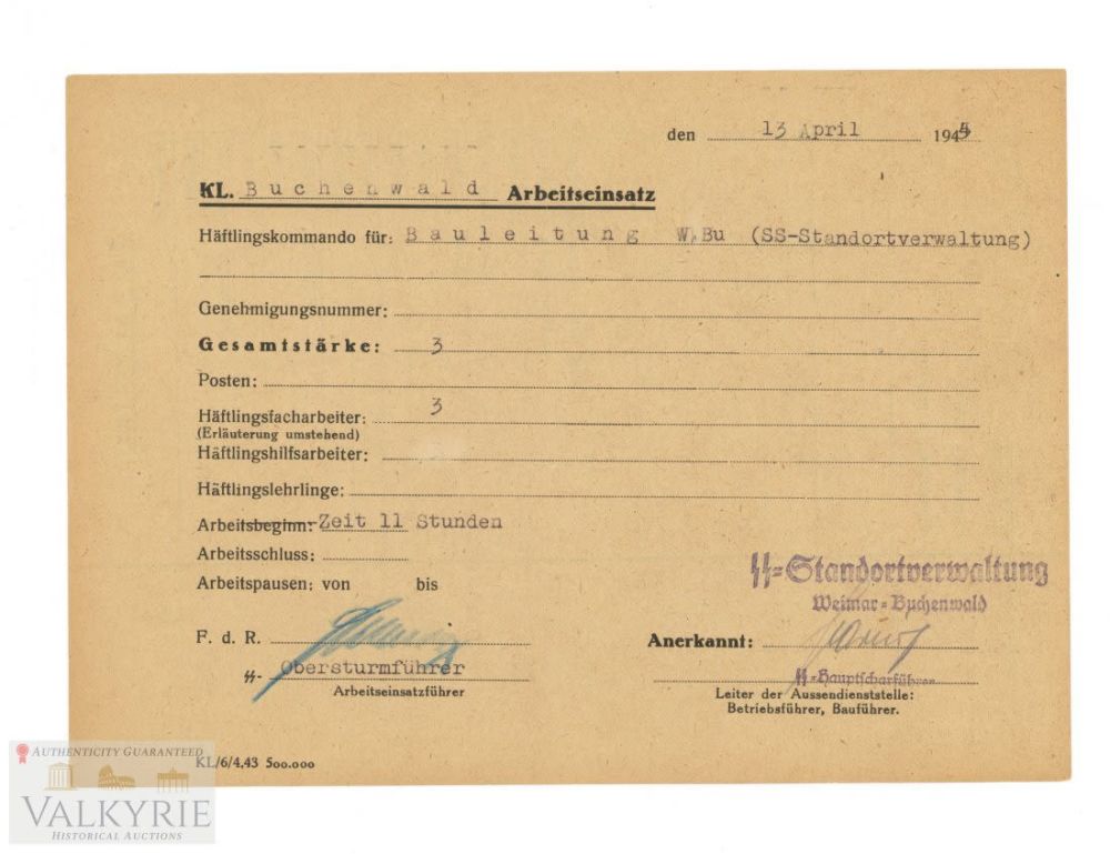 Lot 387: KL Buchenwald Working Operation Document of 3 Qualified Workers from Camp 1945