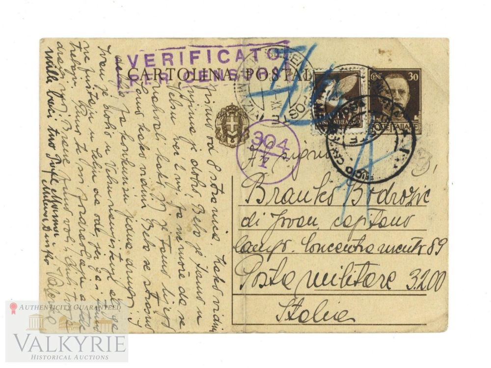 Lot 388: Italian Concentration Camp ! Rare postcard sent to an Italian an unidentified concentration camp
