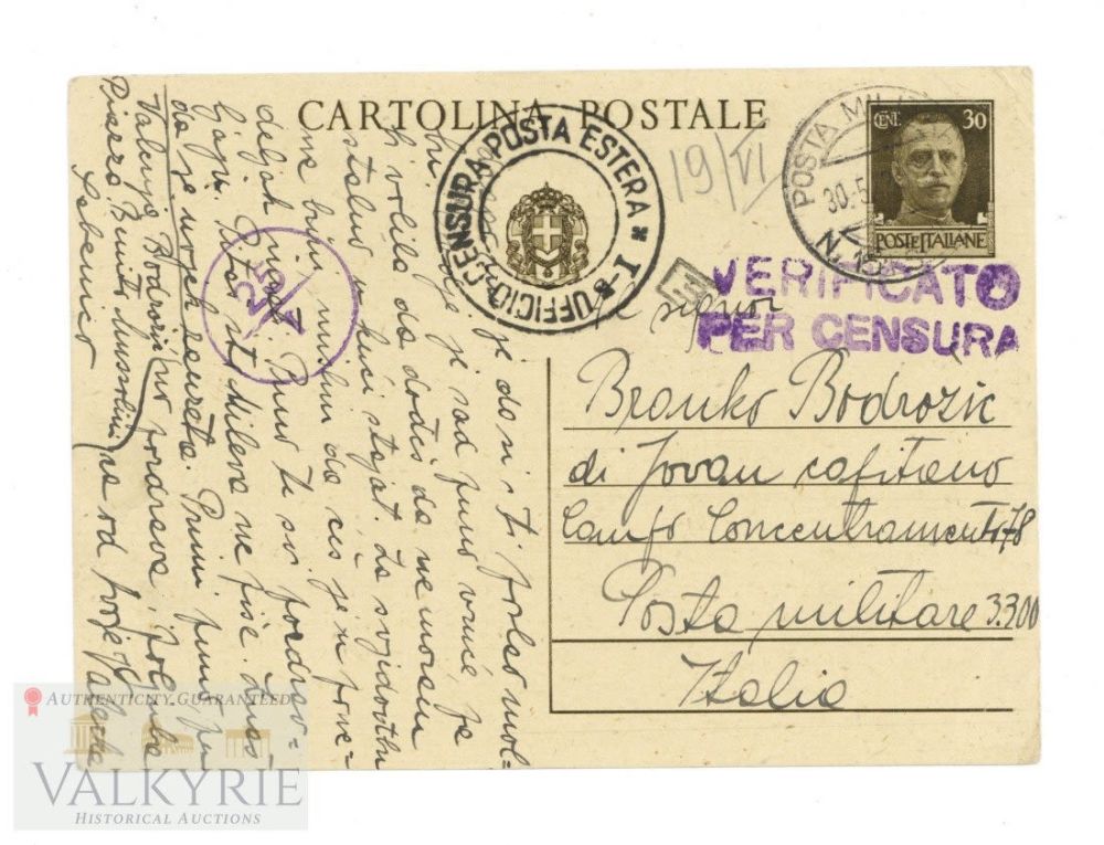 Lot 389: Italian Concentration Camp ! Rare postcard sent to an Italian an unidentified concentration camp
