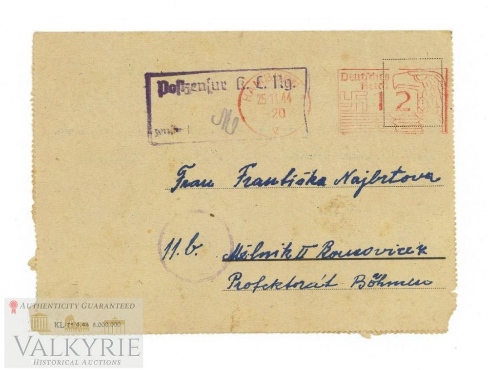 Lot 392: Rare Letter Sent by Czech Prisoner in 1944 from KL Neuengamme