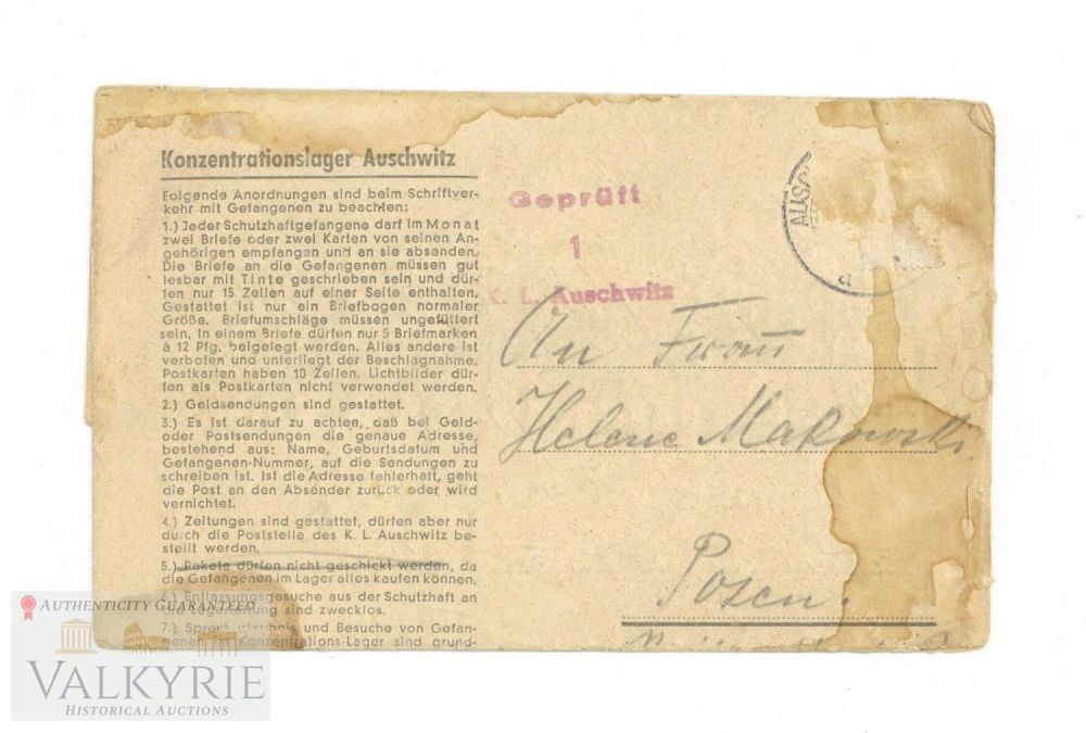 Lot 393: Folding Type Letter Sent by Polish Prisoner in KL Auschwitz in 1943
