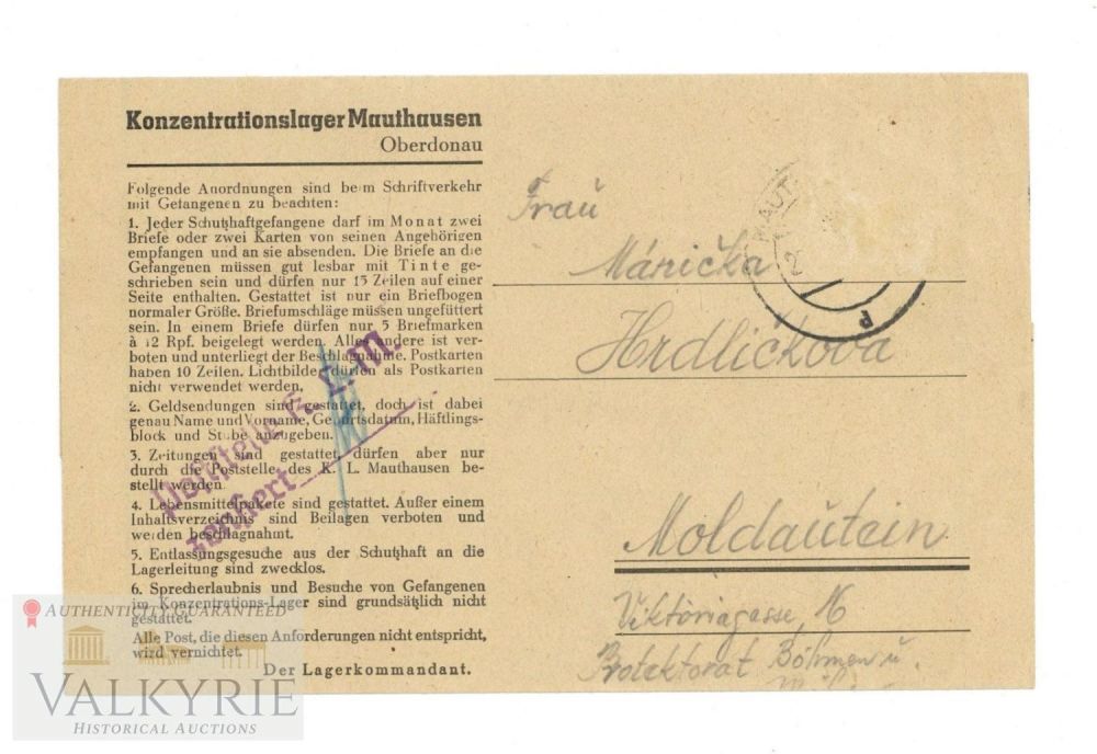 Lot 395: Folding Type Letter Sent by Czech Prisoner in KL Mauthausen - Ebensee Subcamp in 1945