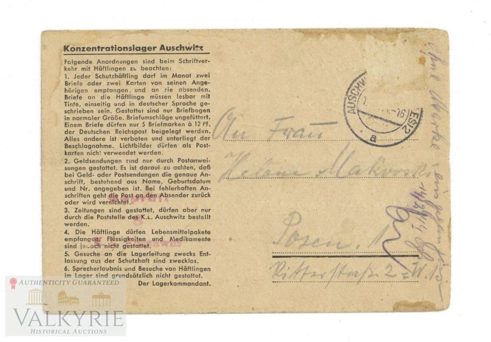 Lot 396: Folding Type Letter Sent by Polish Prisoner in KL Auschwitz in 1944