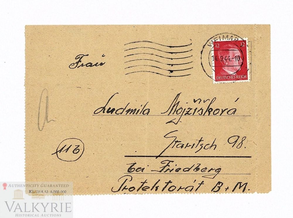 Lot 401: Folding Type Letter Sent by Czech Prisoner in KL Buchenwald in 1944