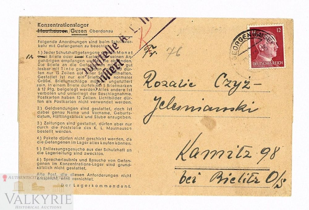Lot 402: Folding Type Letter Sent by Polish Prisoner in KL Mauthausen / Gusen in 1942