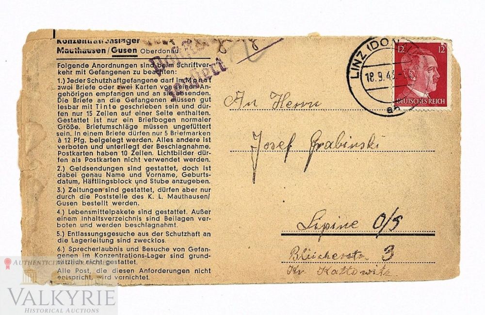 Lot 404: Folding Type Letter Sent by Polish Prisoner in KL Mauthausen / Gusen in 1943