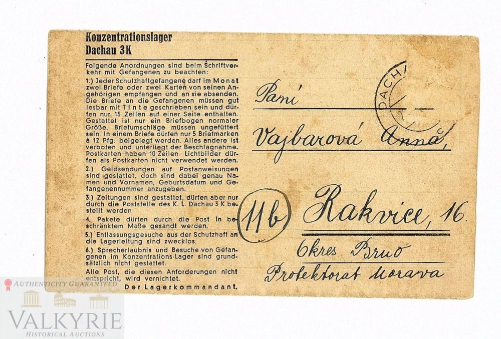 Lot 406: Folding Type Letter Sent by Czech Prisoner in KL Dachau in 1945