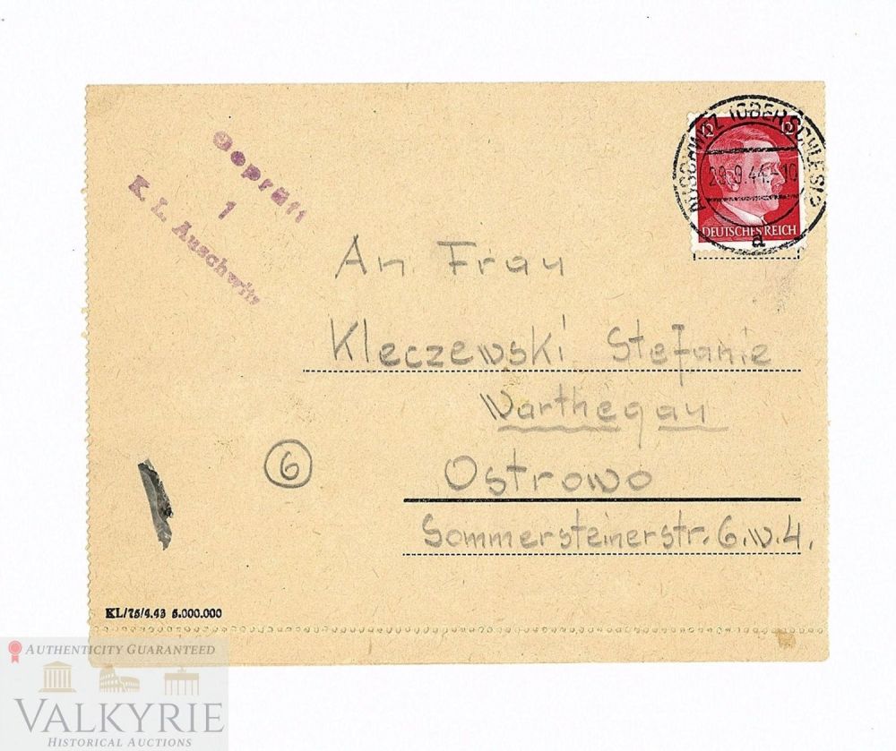 Lot 408: Rare Type of Folding Type Letter Sent by Polish Woman from KL Auschwitz in 1944