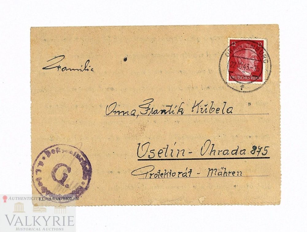 Lot 409: Rare Type of Folding Type Letter Sent by Polish Woman from KL Sachsenhausen in 1943