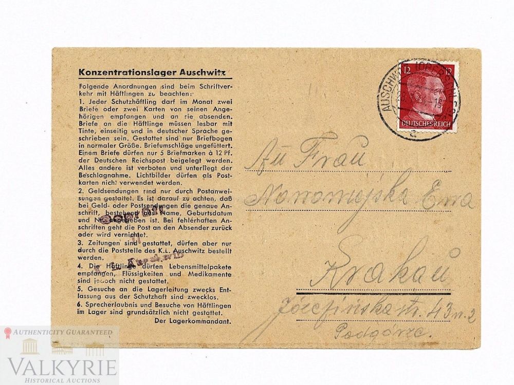 Lot 411: Folding Type Letter Sent by Polish Prisoner From KL Auschwitz 1944